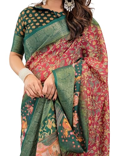 Image of ALMAARI FASHION Handloom Cotton Saree, Multicolour Floral Print with Silver Zari Border, 5.5 Metres with Blouse Piece
