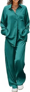 Ekouaer Womens Satin Silky Pajama Set Soft Long PJs Button Down Loungewear | Print Sleepwear Cozy Lounge Set Classic Button Down Shirt and Long Pant with Pockts
