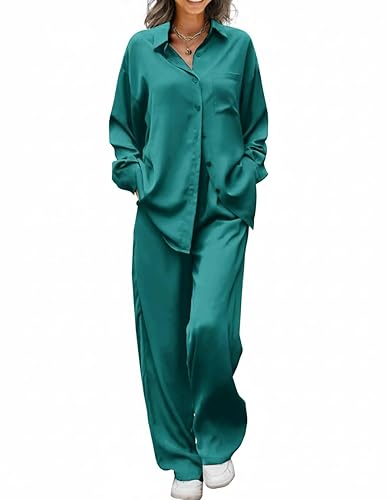 Ekouaer Womens Satin Silky Pajama Set 2 Piece Print PJs Soft Loungewear Button Down Sleepwear with Elastic Waist Long Pants - Lake Green - Medium