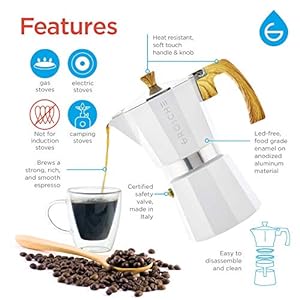 GROSCHE Milano Stove top espresso maker 3 espresso cup size 5 oz White and battery operated milk frother bundle for lattes