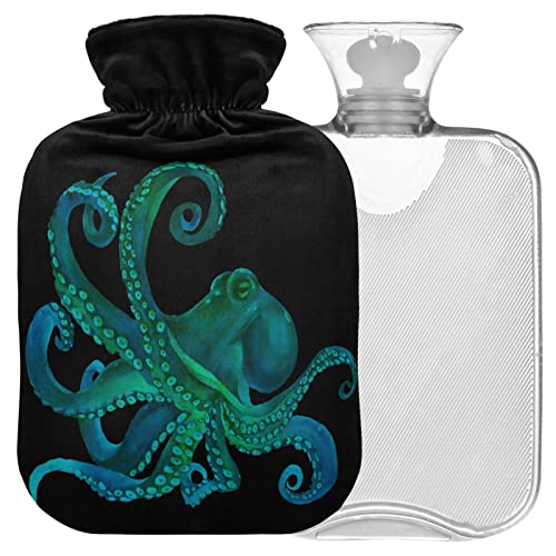 Naanle Watercolor Octopus Hot Water Bottle with Cover Transparent Warm Water Bottle 2L Large Hot Water Bag for Bed Hand Feet Warmer Pain Relief Hot and Cold Therapy