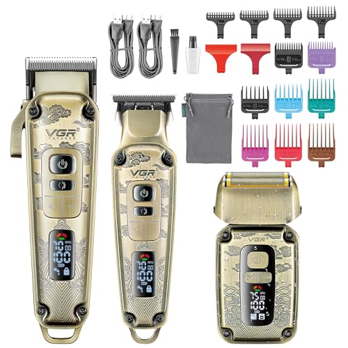 VGR Cortapelos inalámbrico para hombre, recortadora de barba, afeitadora eléctrica, juego de peluquería profesional, batería recargable a través de USB-C, kit de aseo para hombre para cara, corte de