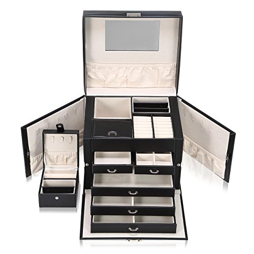 Preisvergleich Produktbild Makika Schmuckaufbewahrung Schmuckkästchen Schmuckkoffer Schmuckschatulle Schmuckbox Schmuckkasten Uhrenkoffer mit Spiegel 5 Schubladen aufklappbare Seitenfächer abschließbar - in Schwarz