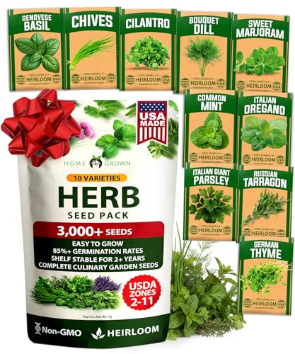 HOME GROWN 10 Herb Seeds for Planting 3,000+ Non-GMO Heirloom Seeds | Extra Large Variety Pack Herb Kit – Indoor Outdoor & Hydroponic | Culinary Seed Set | Grow Your Own Herbs | Gift for Beginners