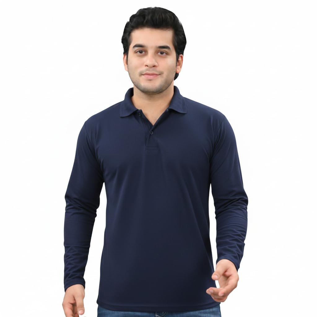 Men’s & Boy's Navy Blue Solid Full Sleeve Polo T-Shirt | Cotton Blend Regular Fit-image-48