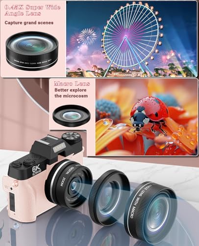 Image of FLATIC Cameras for Photography, 6K 64MP Digital Camera with WiFi & Microphone, Vlogging Camera with 64GB Card, 2 Batteries, Macro & Wide-Angle Lens, Card Reader (6K 64MP, Pink, Digital Zoom)