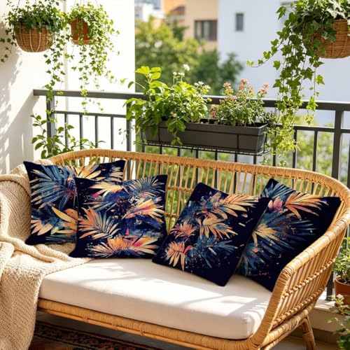 Housse de coussin 60x60 jaune motif feuilles impression recto verso