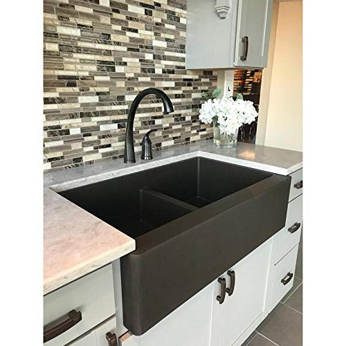 Karran Farmhouse Apron Front Quartz Composite 34 In. Double Bowl Kitchen Sink In Brown #TOP4
