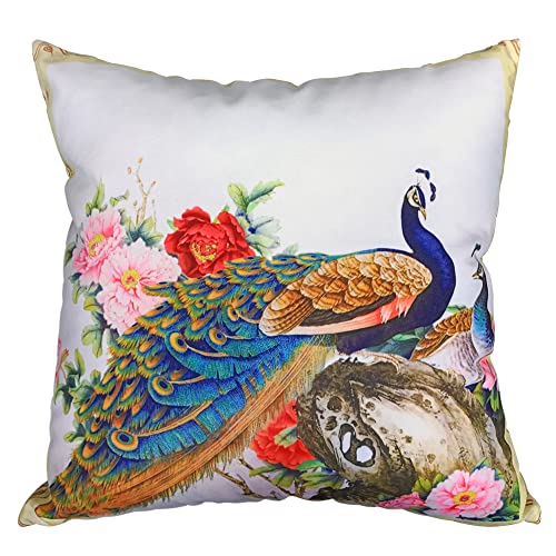 whooplaArt Peacock Throw Pillow Cover 18x18 Inch, Chinese Style Peony Floral Cushion Case, Soft Plush Fabric with Invisible Zipper for Sofa, Bed, Living Room & Bedroom Decor
