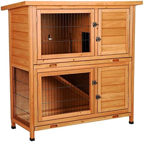 SNUGENS 2 Story Wooden Rabbit Hutch, Indoor Bunny Cage Chicken Coops Guinea Pig House Hamster Accessories, Nature Color with Ladder Fence Door Pull Out Tray for Little Small Animals