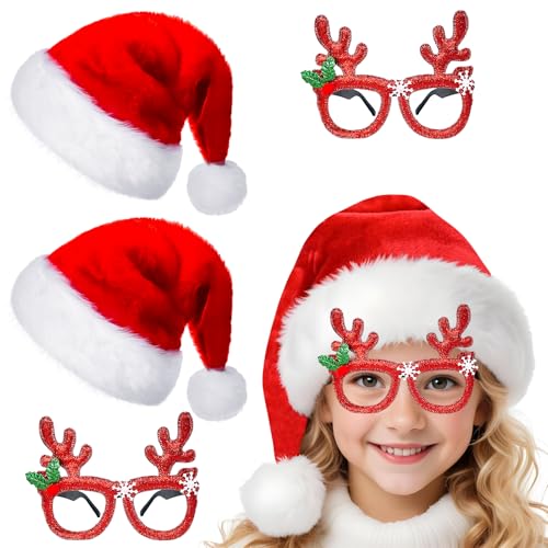 QLINLEAF 4Pack Red Santa Hat for Kids Plush Christmas Hats and Christmas Glasses Eyeglasses for Xmas...