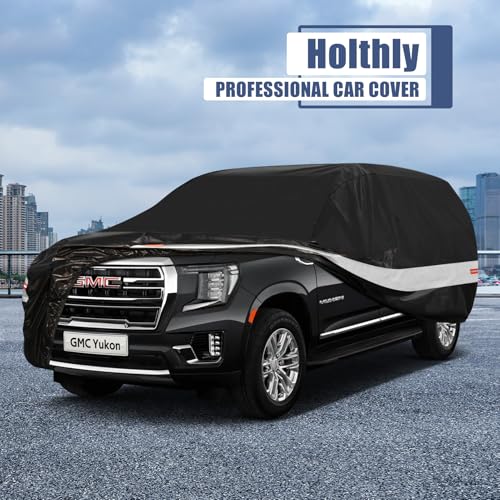 Image of Holhtly Car Cover Custom Fit for GMC Yukon, Car Covers for Automobiles All Weather Waterproof Sun Snow Rain Wind Dust Protection, Outdoor Car Cover Black & Grey