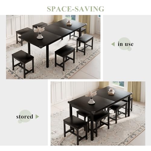 Feonase 7-Piece Dining Table Set for 4-8, 63" Large Extendable Kitchen Table Set with 6 Stools, Modern Dining Room Table with Heavy-Duty Frame, Easy Assembly, Black