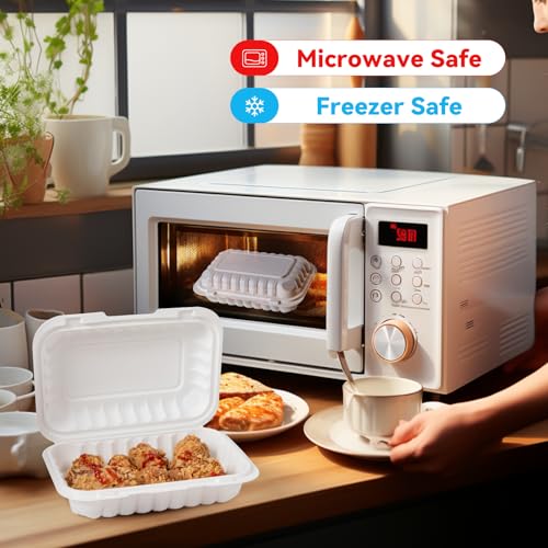 To Go Containers, 50 Pack Reusable Clamshell Food Containers 9x6 Inch 27 Ounce BPA-Free Plastic Microwave Freezer Safe White MFPP 1 Compartment To Go Boxes - Image 3