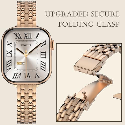 Image of Slim Metal Bands for Apple Watch 38mm 40mm 41mm 42mm(Series 11 /10) | Thin Shiny Stainless Steel Strap Bands for Women, Fit iWatch Series 11 10 9 8 7 6 5 4 3 2 1 SE3 SE2 SE, Rose Gold