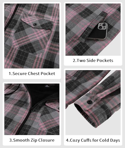 Image of V VALANCH Men's Sherpa Lined Flannel Jacket with Hood - Zip Up Plaid Shirt Jacket Winter Outdoor Warm Outerwear Fleece Coat