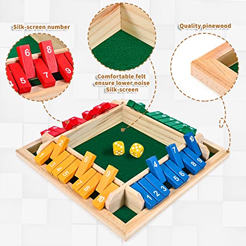 Image of 1-4 Players Shut The Box Dice Game, 10 Numbers Traditional Wooden Pub Bar Board Family Table Mat Game Dice for Kids and Adults
