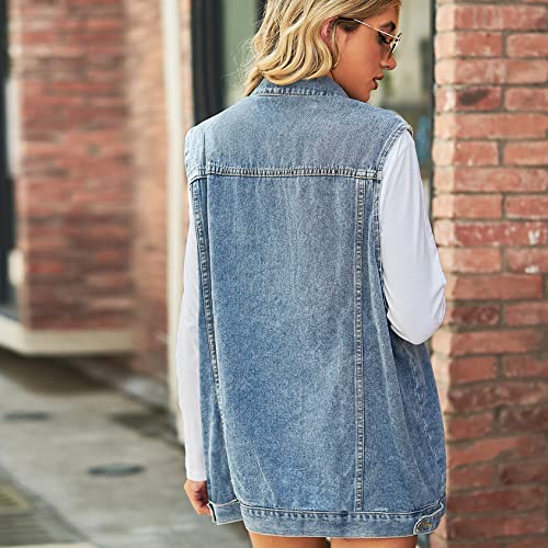Perbai Women's Oversized Denim Vest Distressed Mid Long Sleeveless Jean Jacket Waistcoat with Pockets2