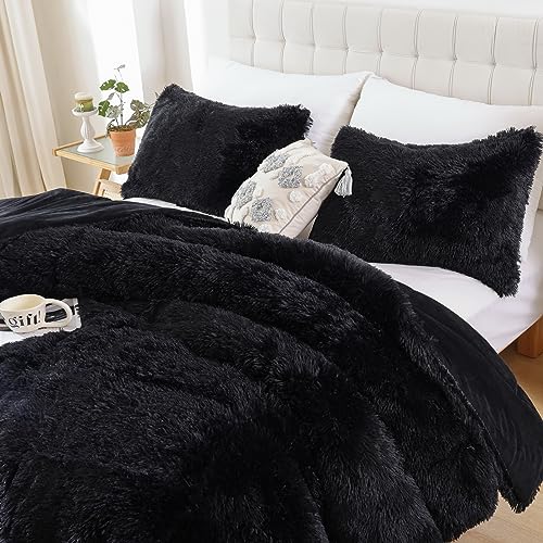 Smoofy Fluffy Twin Comforter Set, Faux Fur Comforter Set, Luxury Fuzzy Twin Bedding Set, Soft Shaggy Bed Set for All Season, 2 Pieces - 1 Comforter & 1 Pillowcase, Black