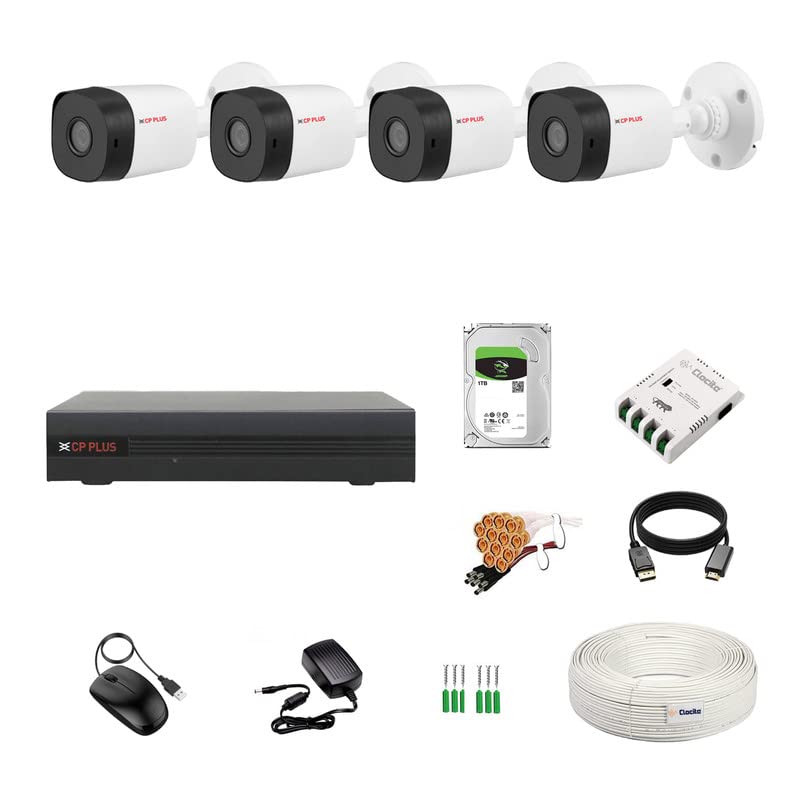 Image of CP PLUS 4 Channel DVR + 5MP 4 Bullet Cameras with Audio Recording (Day /Night Vision) + 1TB HDD + Copper Cable Roll (1+3) + CLOCITE 4 CH Power Supply + BNC & DC Full Combo Kit