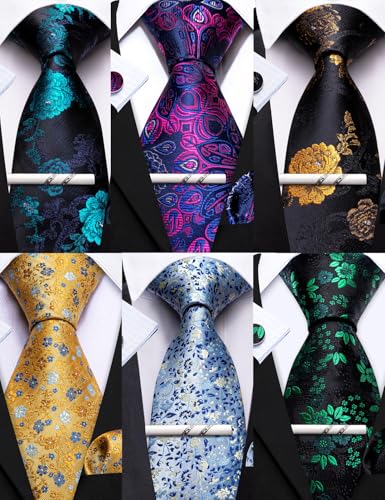 Image of Barry.Wang 6 PCS Men Ties Set Silk Business Fashion Woven Necktie Handkerchief Cufflinks Paisley Stripe Wedding Party