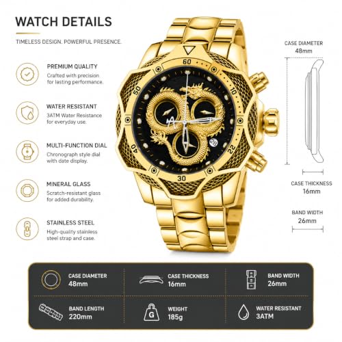 Generic Men's Luxury Oversized Gold Chronograph Watch, Black - Image 4