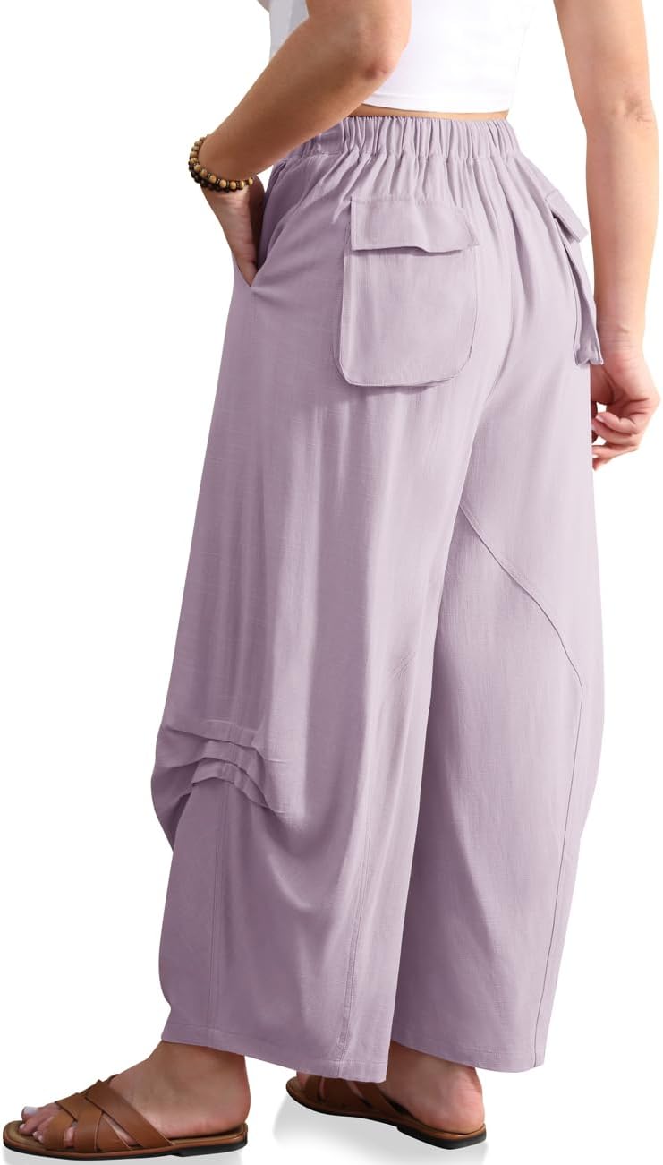 TARSE Womens Linen Harem Pants Loose Fit Elastic Waist Drawstring Casual Boho Summer Pants with Pockets