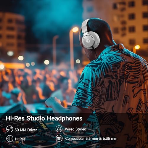 Image of Wired Over Ear Headphones, Studio Monitor & Mixing DJ Headphones with 50mm Neodymium Drivers and 1 /4 to 3.5mm Jack for Guitar AMP Podcast Piano Keyboard (Silver)