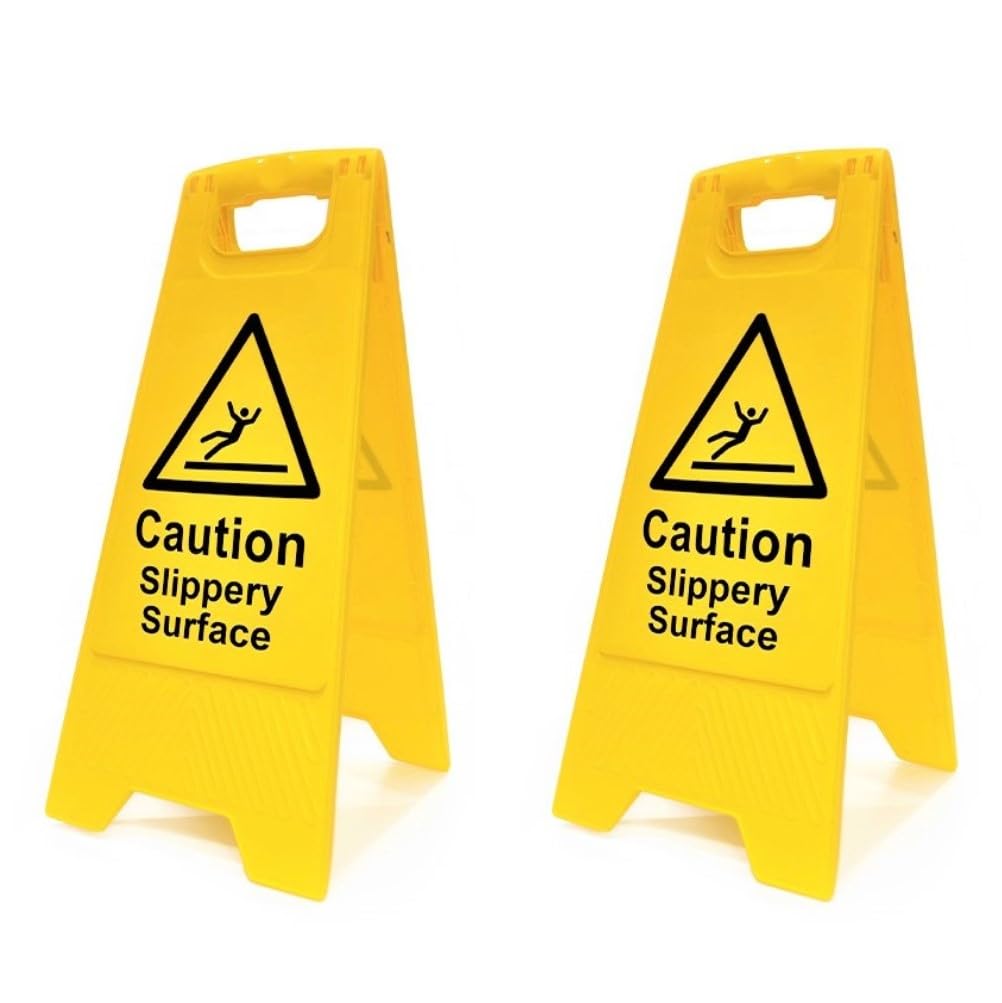 Caution Slippery Surface Floor Sign - Pack of 2 | Double-Sided Safety Warning Sign | Foldable A -Frame, High Visibility | Workplace, Cleaning & Public Safety