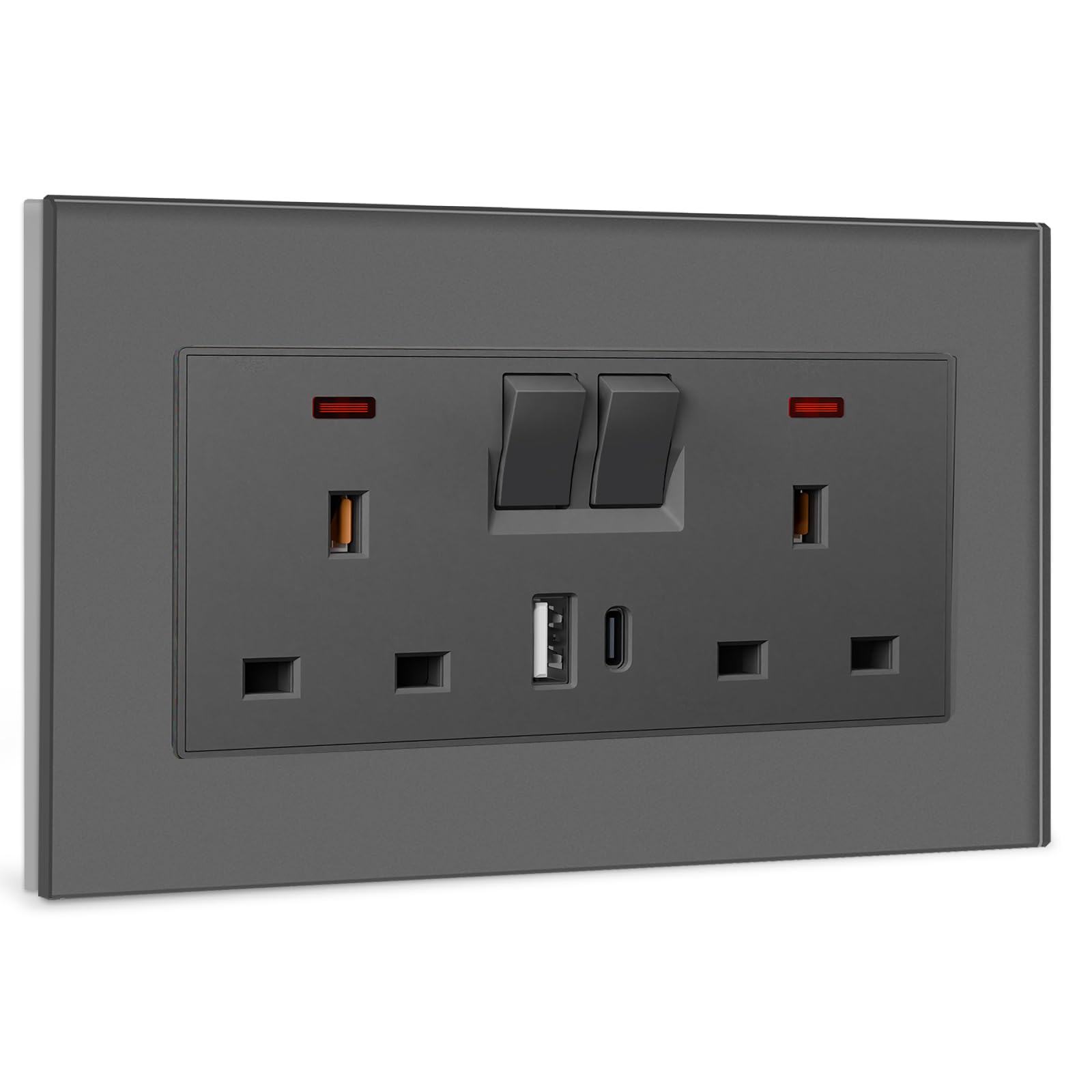 BSEED Double Socket 13A with 2 USB A and USB C 18W, Double Switched Socket 2 Gang UK Standard, Switched Outlet with Glass Panel, Electric Power Outlet Grey โ image 1