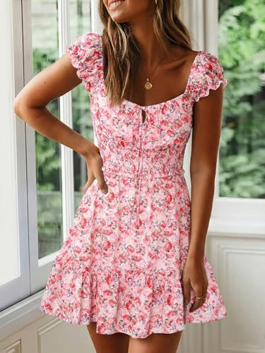 Image of YOBECHO Womens Summer Sexy Sweetheart Collar Printed Ruffle Mini Dress
