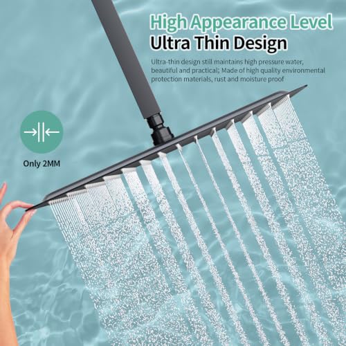 Image of SR SUN RISE Luxury 16 Inch Extra Large Square Stainless Steel Shower Head High Pressure Rainfall Showerhead Ultra Thin Water Saving Matte Black 2.5 Gpm