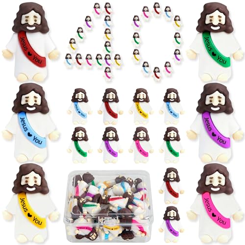 60 Pcs Mini Jesus Figurines in Bulk, Easter Little Jesus Figures With Box, Rubber Tiny Baby Jesus Loves You Figures Christ Toys for Hide and Seek...