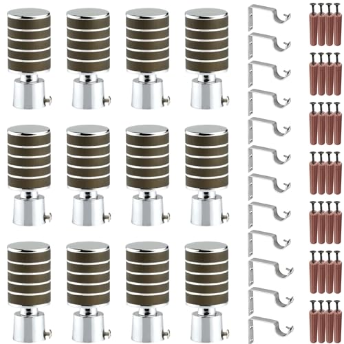Image of GRIVAN Stainless Steel Wooden Finish Curtain Bracket Parda Holder with Support 1 Inch Rod Pocket Finials Designer Door and Window Rod Support Fittings, Curtain Rod Holder (Wooden Finsh Pair of 6)