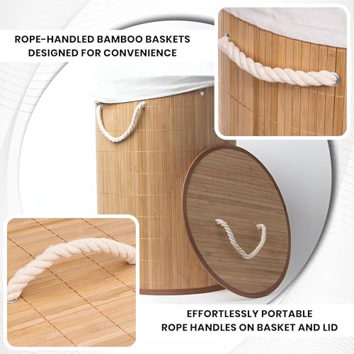 Image of iBELL Foldable 72 Litre Round Bamboo Laundry Basket with Lid | Travel Essential cloth basket | Solid Laundry Basket | Toy storage organiser |(35.5L x 35.5W x 57H)