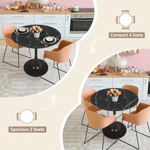 Image of Round Dining Table 27.5 inch Faux Marble Black Tulip Table with Pedestal Base for 2-4 People Small Space - Kitchen Living Room Cafe