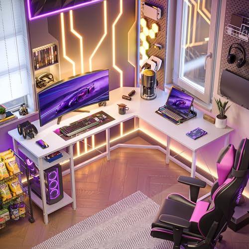 Image of CubiCubi L Shaped Desk, 59.1 Inch Reversible Corner Desk with Storage Shelves, Home Office Desk for Writing Gaming Study, Warm White