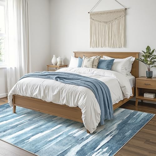 Area Rugs 8x10 Machine Washable Rug for Bedroom Living Room Dining Room, Large Modern Abstract Soft Rugs, Indoor Low Pile Carpet with Non Slip Rubber Backing, Glacial Blue