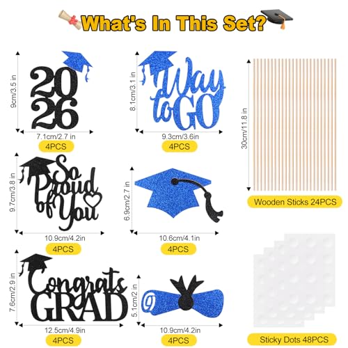 Image of Graduation Decorations 2026, 24 PCS Black and Blue Graduation Centerpieces for Tables, Class of 2026 Double-Sided Glitter Table Decorations