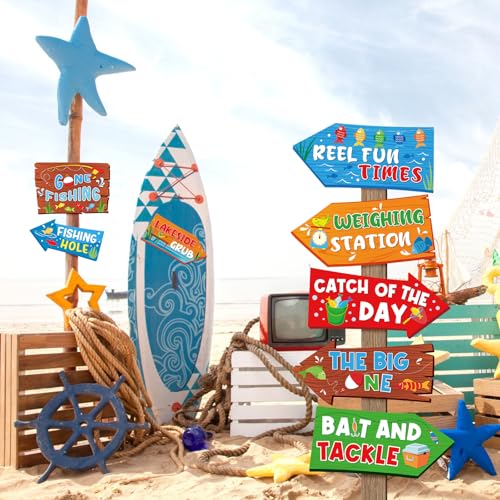 Image of Hooqict 20 Pieces Gone Fishing Sign Fishing Birthday Party Decorations Welcome Direction Signs for Kids Summer Birthday Party Supplies Retirement Decorations Baby Shower Fish Cutouts