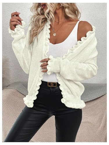 Image of Verdusa Women's Ruffle Trim V Neck Button Down Long Sleeve Knit Cardigan Sweater