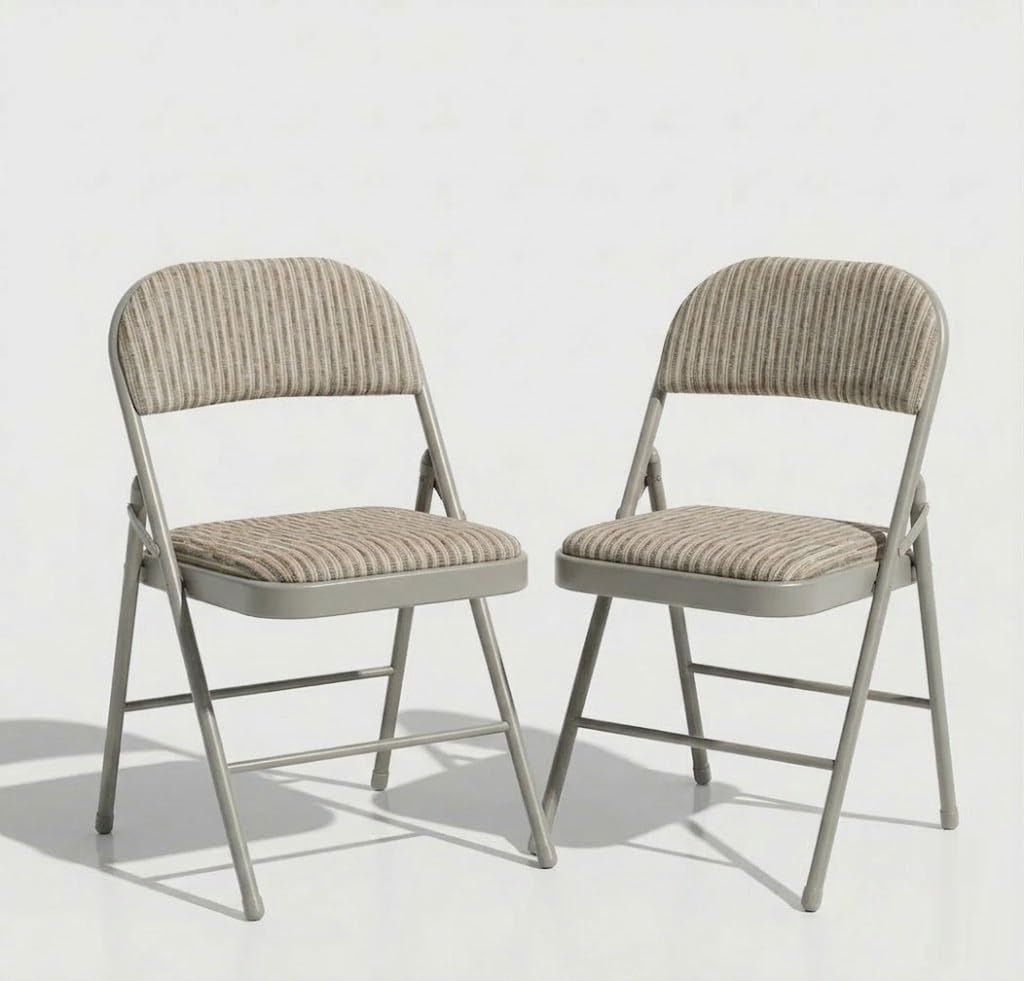 SuperGift.com 2x Cream Fabric Padded Folding Chair with Backrest, Heavy Duty Steel Frame Foldable Chair for Home, Garden, Office and Desk Use