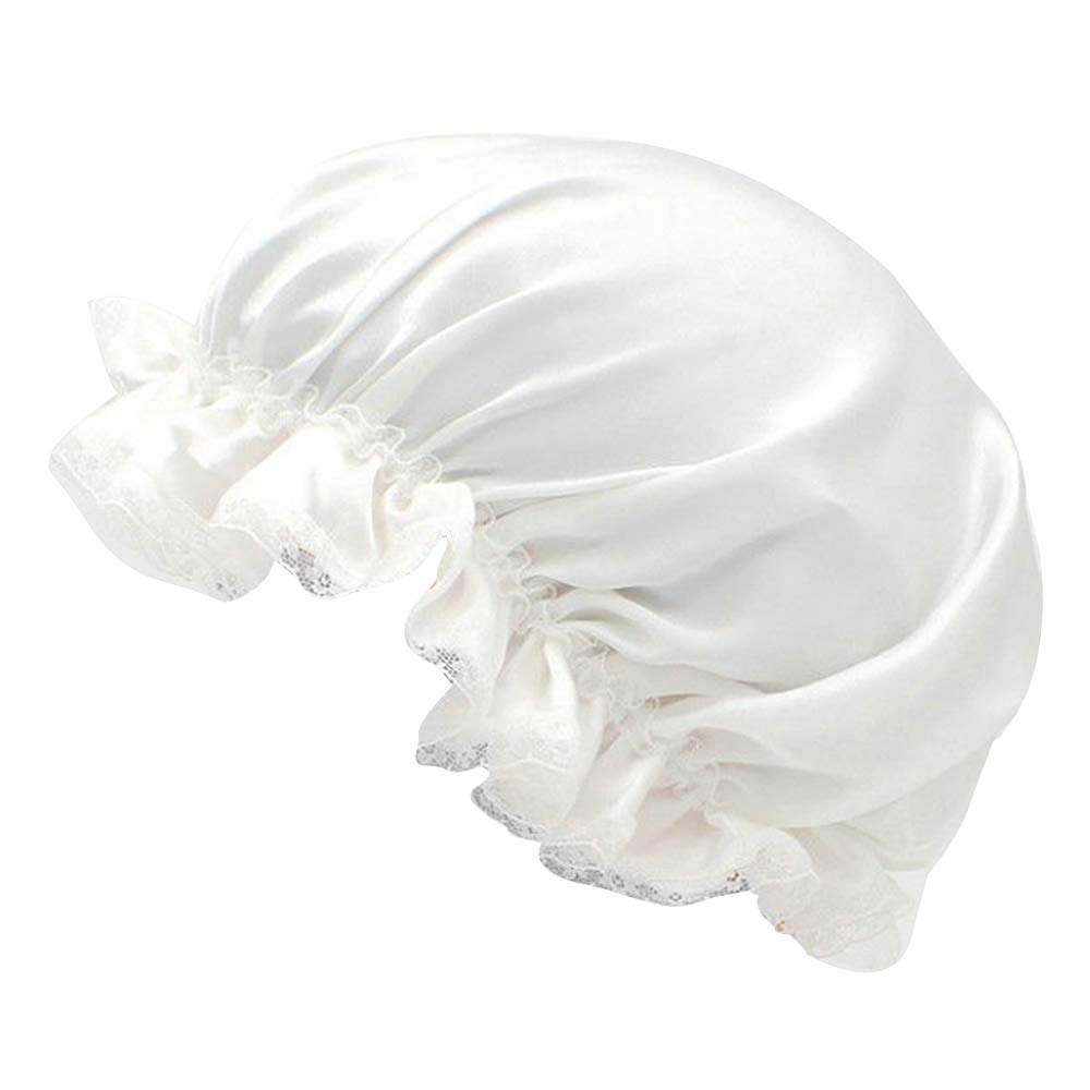 LABANCA Women Girls Natural Silk Sleep Cap Nightcap Hair Wrap Home Hat with Elastic Lace Edge Band for Short Medium Hair (White)