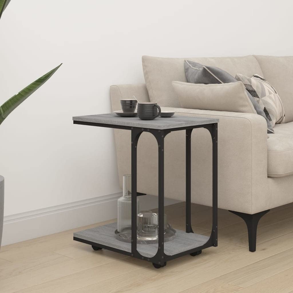 Mesa auxiliar con ruedas en forma de C, mesa de centro móvil con estante para salón y dormitorio, mesa de sofá estable de madera y acero, gris Sonoma, 50 x 35 x 55,5 cm