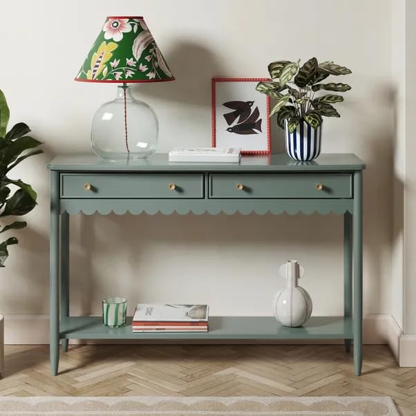 Wooden Scalloped Console Table, 35.34 x 13.8 x 30.25 inches, 2 Drawers, Mint Green, Lower Shelf for Bedroom/Dining Room/Hallway (Green, Design 1)-image-46