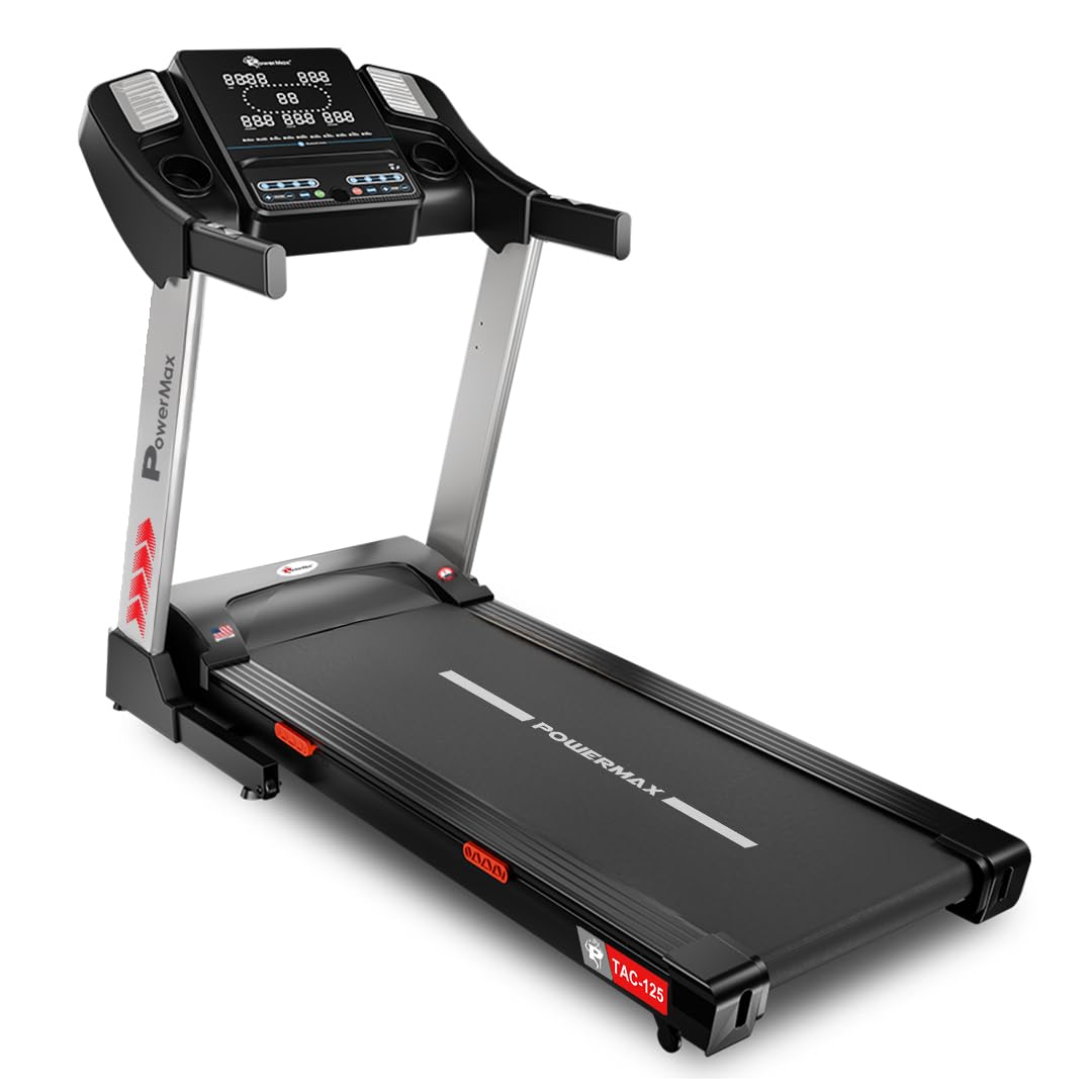 powermax fitness tac-125 5hp motorised auto incline treadmill for home use, max user 130kg, max speed-18kmph, bmi calculator, running deck 1300x460mm, led display, aux, bluetooth for music
