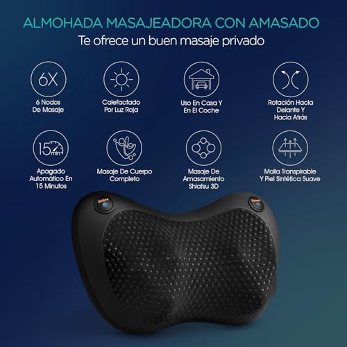 VOYOR-HEALTH Cojín de Masaje Shiatsu，Masajeador de Cuello Espalda con Calor, Masajeador de Amasado de Tejido Giratorio 3D，3 Velocidades Incluye Cinturón de Extensión,Casa, Oficina, Coche (Negro) - imagen 2