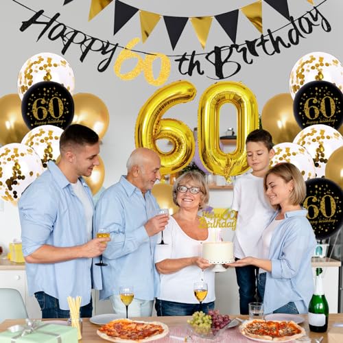 Image of Jobkoo 60th Birthday Decorations, Black Gold 60th Birthday Party Decoration for Men Women Golden Black Balloons 60th Cake Topper 60th Banner for 60 Year Old Party Supplies