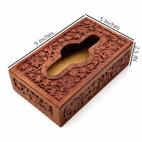 Image of Wooden Tissue Box| Acacia Wood Napkin Box| Tissue Holder Organizer for Table, Home, Office, Car| Rectangular Facial Paper Cloth Storage Case| Dispenser (9X5 Inches, Acara)