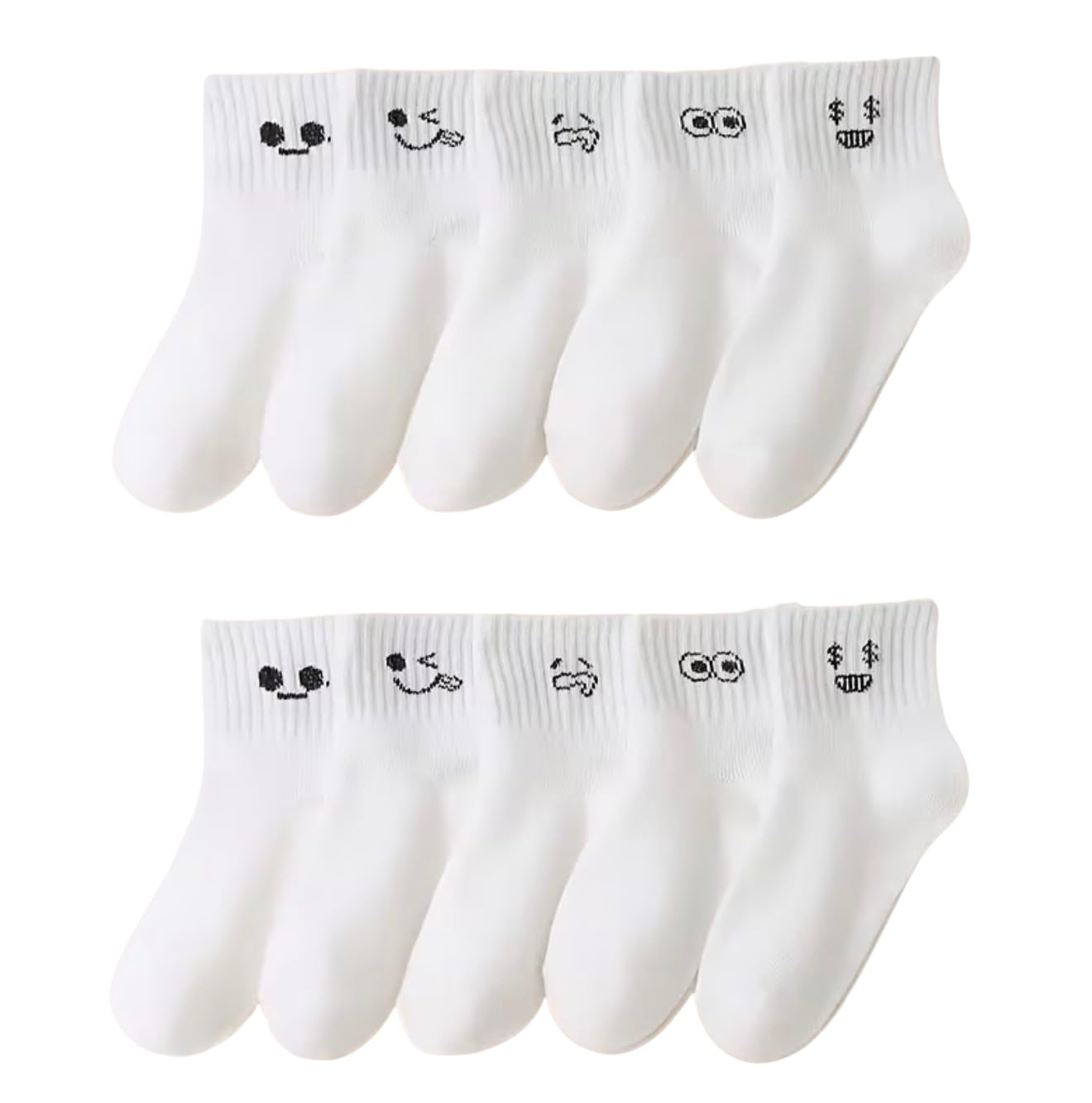 White Crew Socks with Embroidered Emoji Faces, 5 Pack, Ribbed Cotton Blend, Fun Expression Design